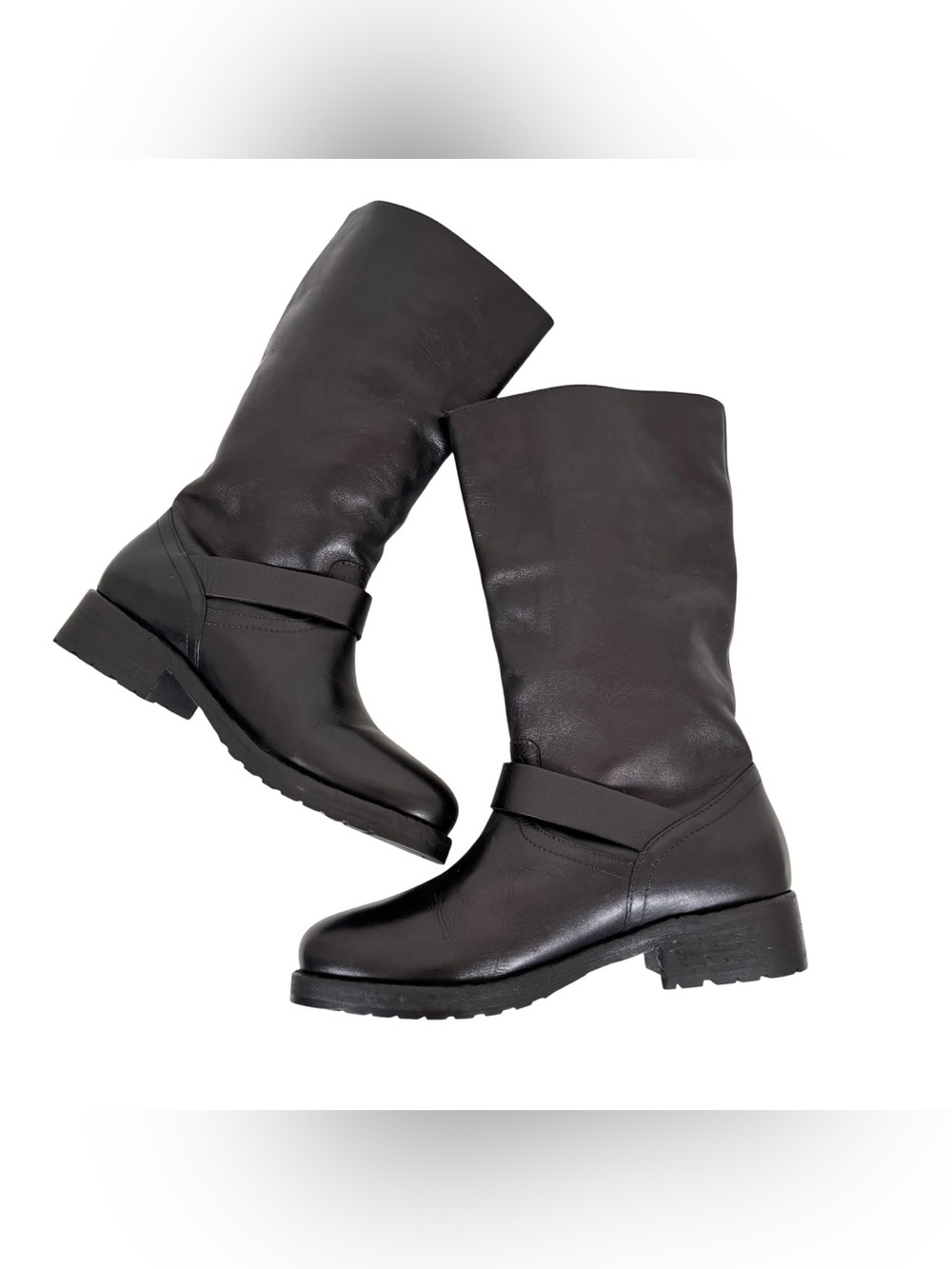 Free People Black Leather Mid-Calf Buckle Heeled Boots - Picture 9 of 14